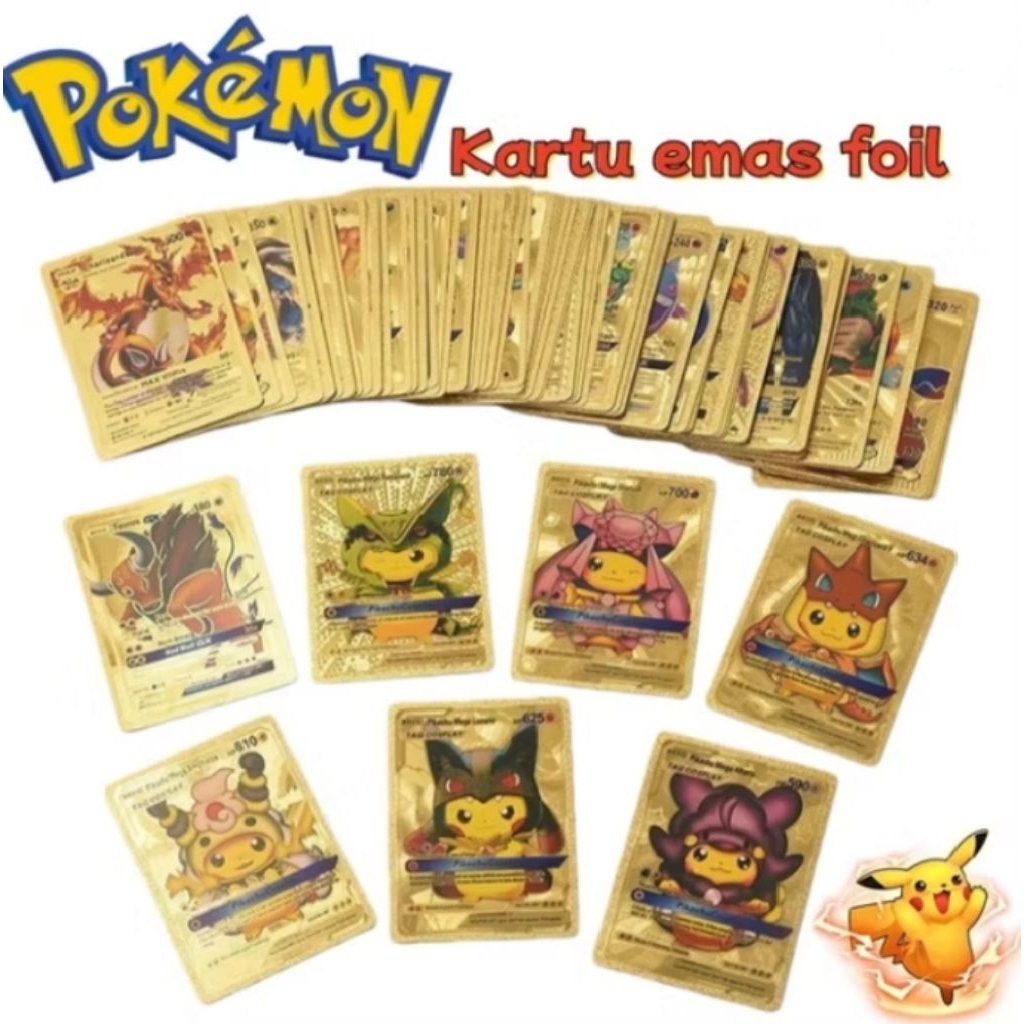 Mainan Anak/Mainan Kartu Anak/Kartu Pokemon Bahan Metal Emas Kartu pokemon gambaran pokemon foil pok