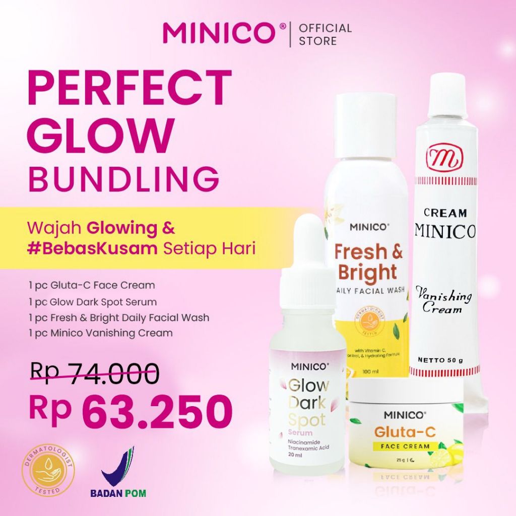 Minico 4in1 Perfect Glow Paket Bundle Skincare BPOM Face Wash Serum Tone Up Cream Krim Malam