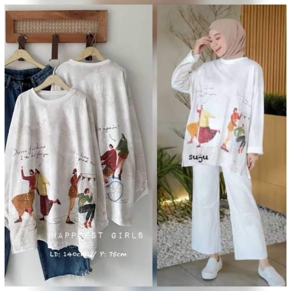 SUJU ATASAN KAOS PRINTING OVERSIZE/ATASAN WANITA TANGAN PANJANG UKURAN JUMBO/ATASAN KAOS PRINTING PR