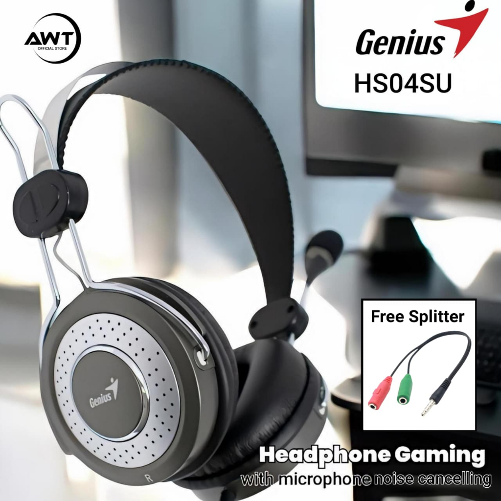 AWT Headphone Headset Gaming Microphone Genius HS04SU Super Bass Universal PC Laptop Hp Komputer