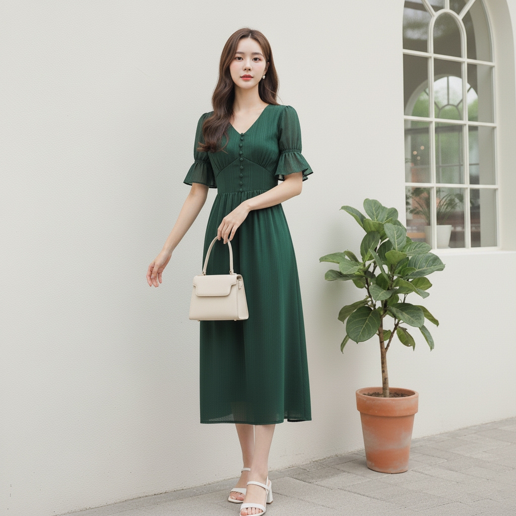 Lighty Flare Dress - Lengan puff Midi Dress Korean Look • Puff Sleeve • Premium Polyester