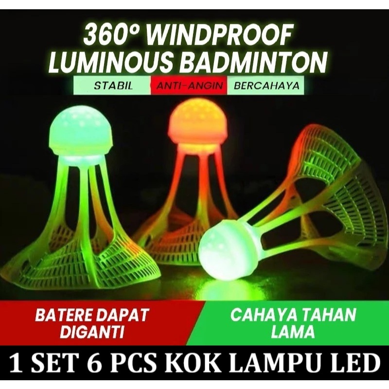 1 SET 6 pcs Shuttlecock kok badminton GLOW IN THE DARK bola bulu tangkis lampu LED