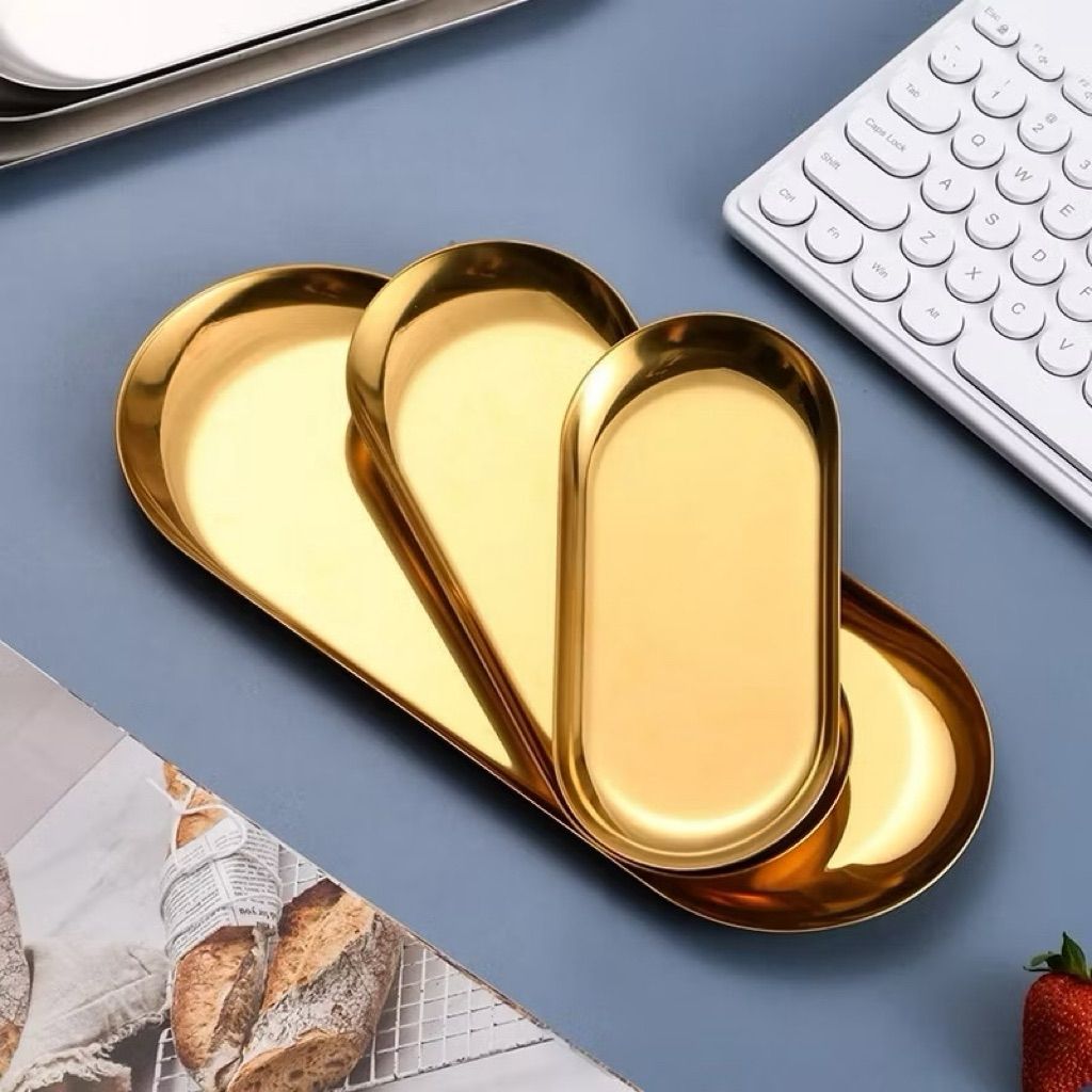 (GROSIR) Nampan Stainless Tray Nampan Piring Oval Emas Perak Aesthetic Stainless / Tray Oval Piring 