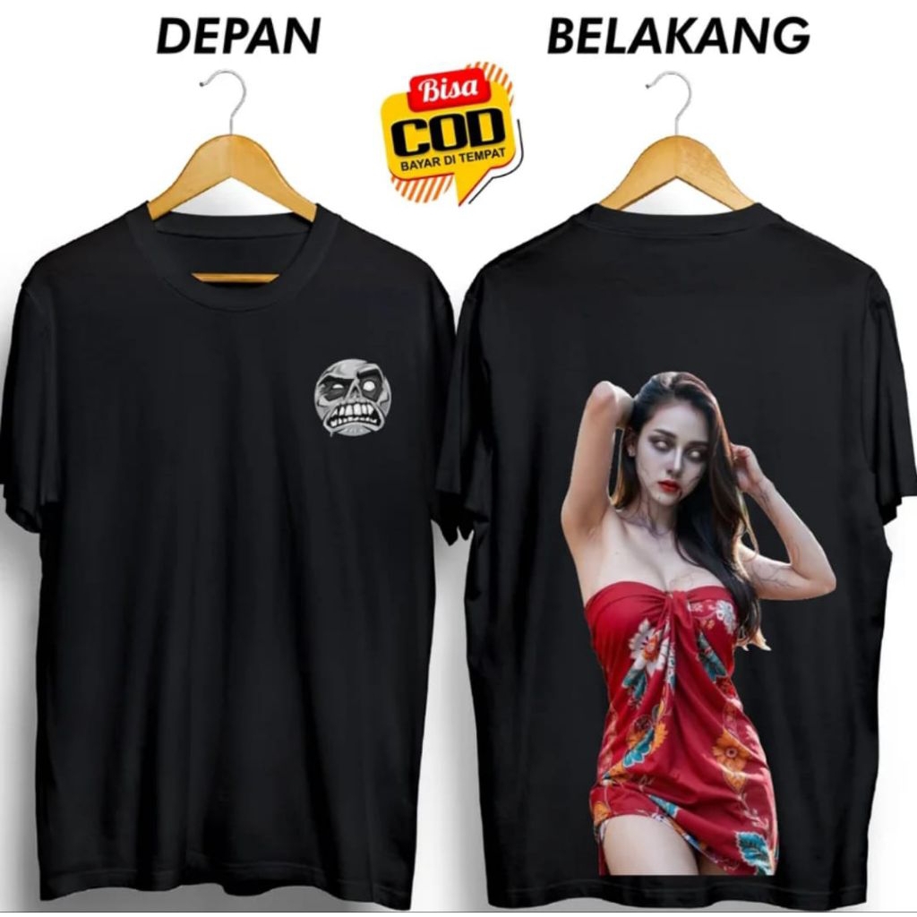 Kaos Gambar Hantu Cewek Pakai Kain Merah Motif Bunga Distro Unisex Bahan Katun