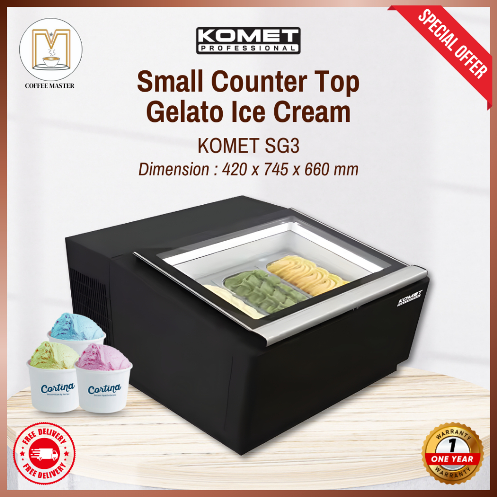 KOMET SG3 Small Counter Top Gelato Showcase Display Freezer Mini untuk Gelato & Ice Cream Premium
