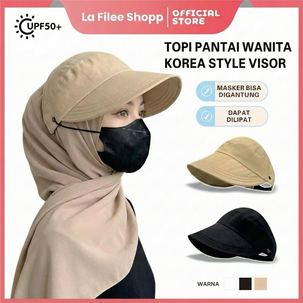 Topi Hijab Wanita Kuncir Kuda Topi Rajut Gaya Korea Topi Pantai Musim Panas Anti UV Kait Masker