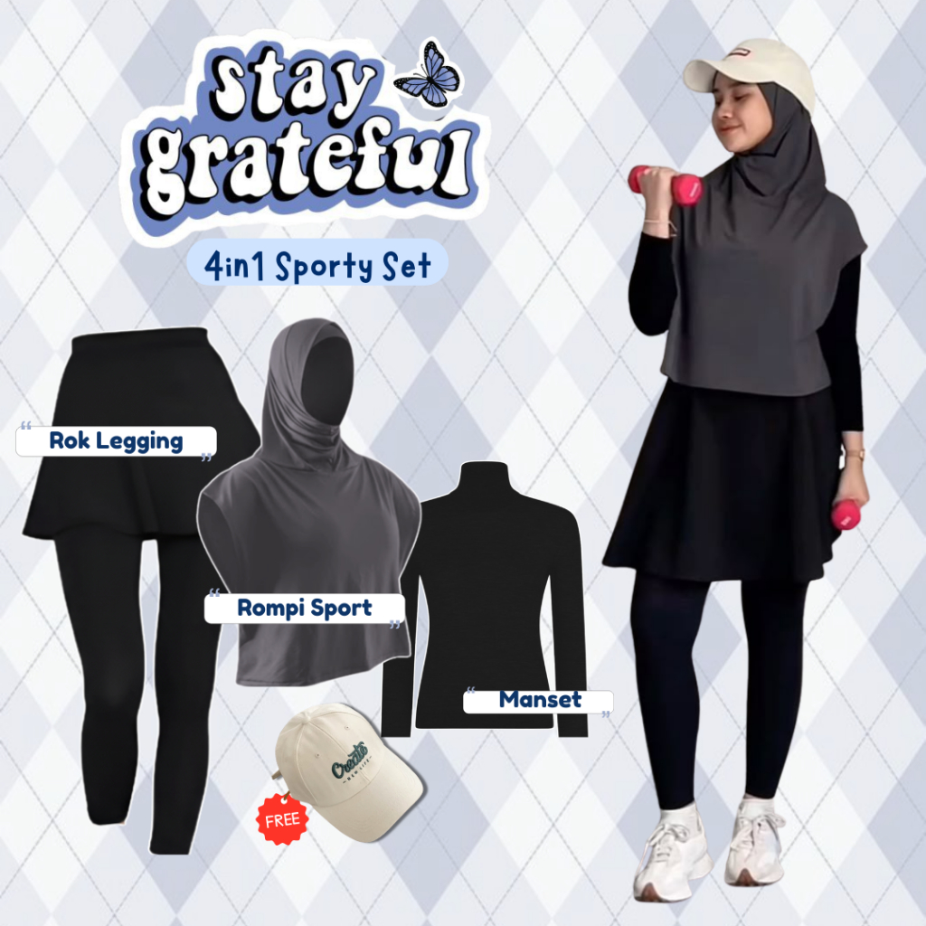 Sporty Hijab Set 4in1 / Rompi Sport Jersey Korea + Manset Jersey Soft + Rok Legging Spandek + OOTD S
