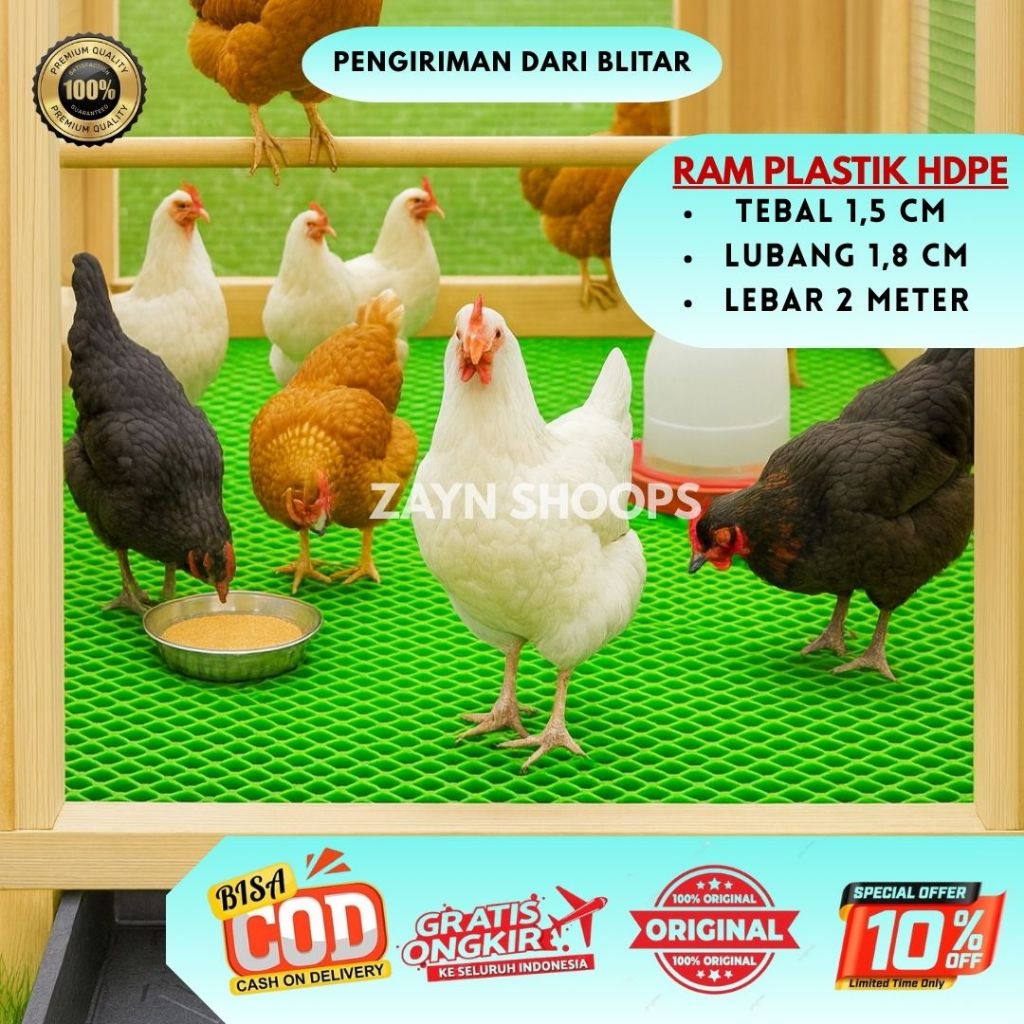 Ram jaring plastik HIJAU ECER Lebar 2 meter alas lantai ayam | jaring kandang ayam | jaring pagar ta