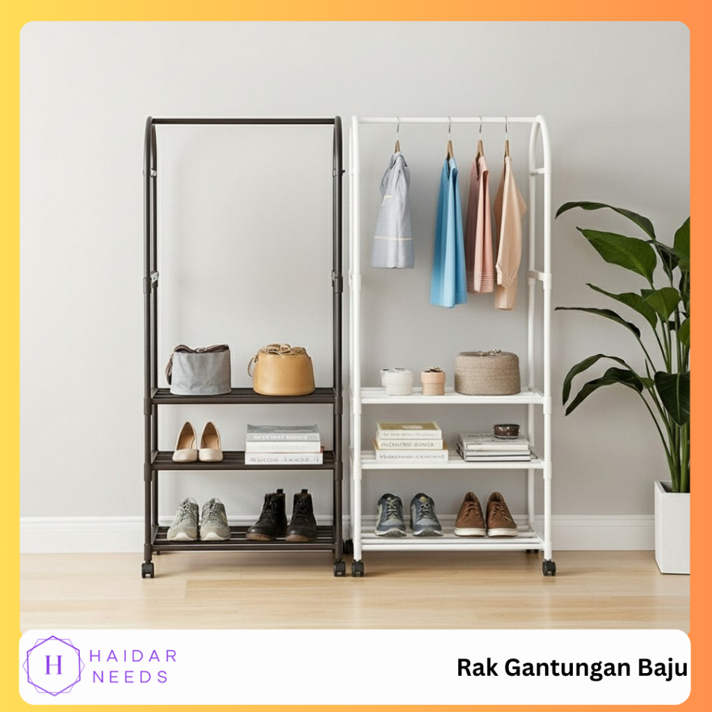 Rak Gantungan Baju Sepatu Portable 2 3 Susun Free Roda Penyimanan Tas Praktis MInimalis Modern Serba