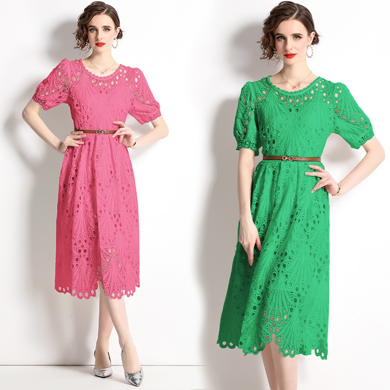 Dress Brokat Wanita Midi Lace Premium Impor – Lengan Puff Elegan, Dress Pesta/Kondangan/Casual