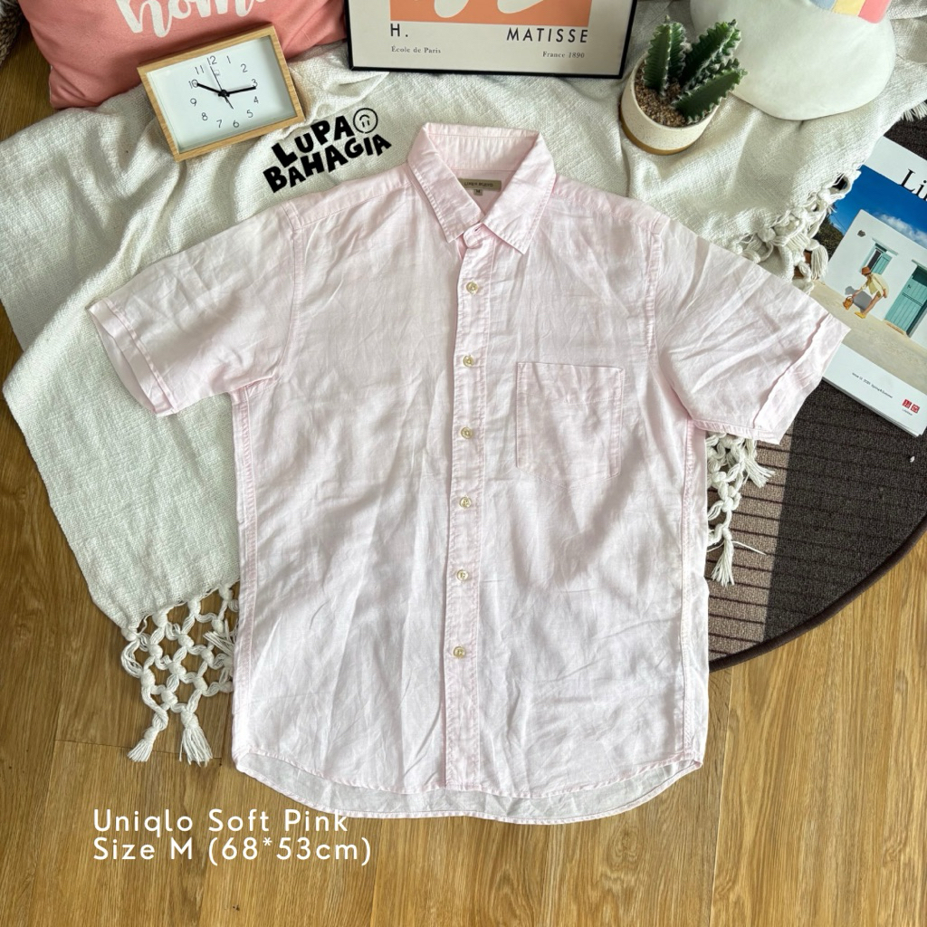 UNIQLO Soft Pink Linen Blend Short Shirt size M • 100% Original (Kemeja Lengan Panjang)