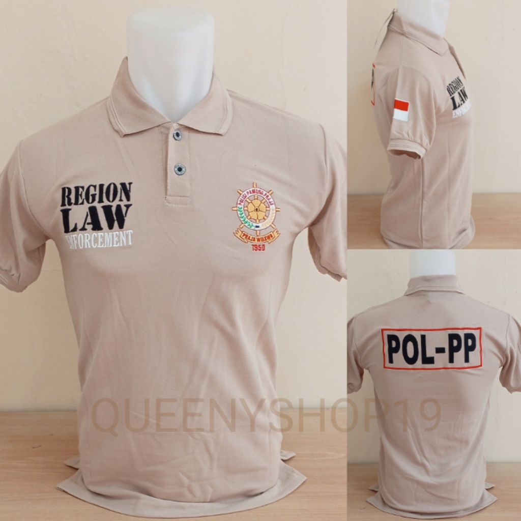 KAOS SATPOL PP KREM LENGAN PENDEK FULL BORDIR - KAOS KERAH SATPOL PP KREM BORDIR - KAOS POL PP KREM 