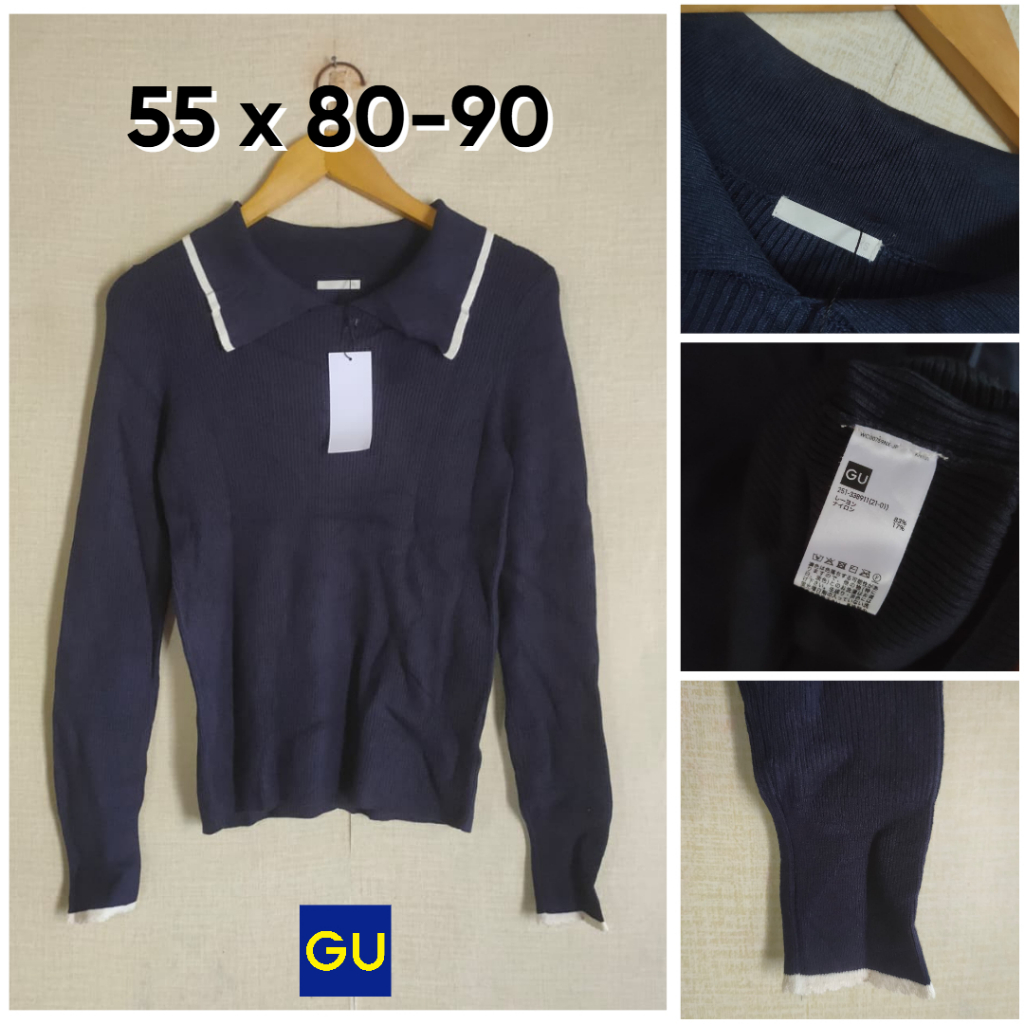 Sweater GU Navy Berkerah Size S Wanita Atasan Rajut Lidi Kutub KL026