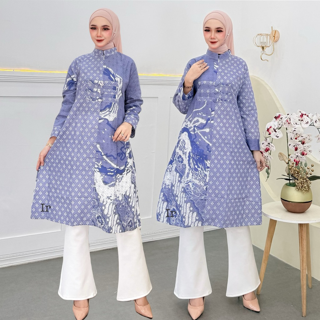 Tunik Batik Wanita Modern Atasan Fashion Muslim Wanita Baju Batik Wanita Panjang [seno abstrak]