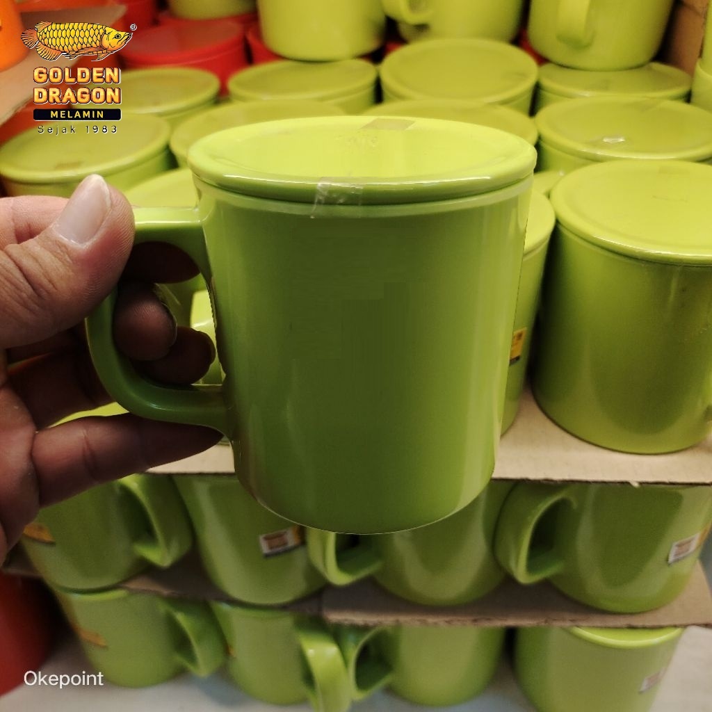 Gelas Gagang Kecil 360ml + Tutup Rata Melamin Golden Dragon B0203 Original