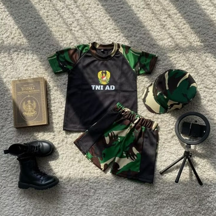 Baju Anak Loreng TNI AD Set Kaos Celana Topi Anak Usia 1-8 Tahun