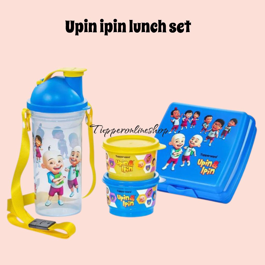 Upin ipin lunch set tupperware + free / tempat makan anak tupperware set