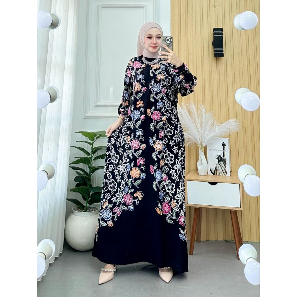 Gamis Batik Encim Adem Nyaman Panjang Muslimah-MW HITAM