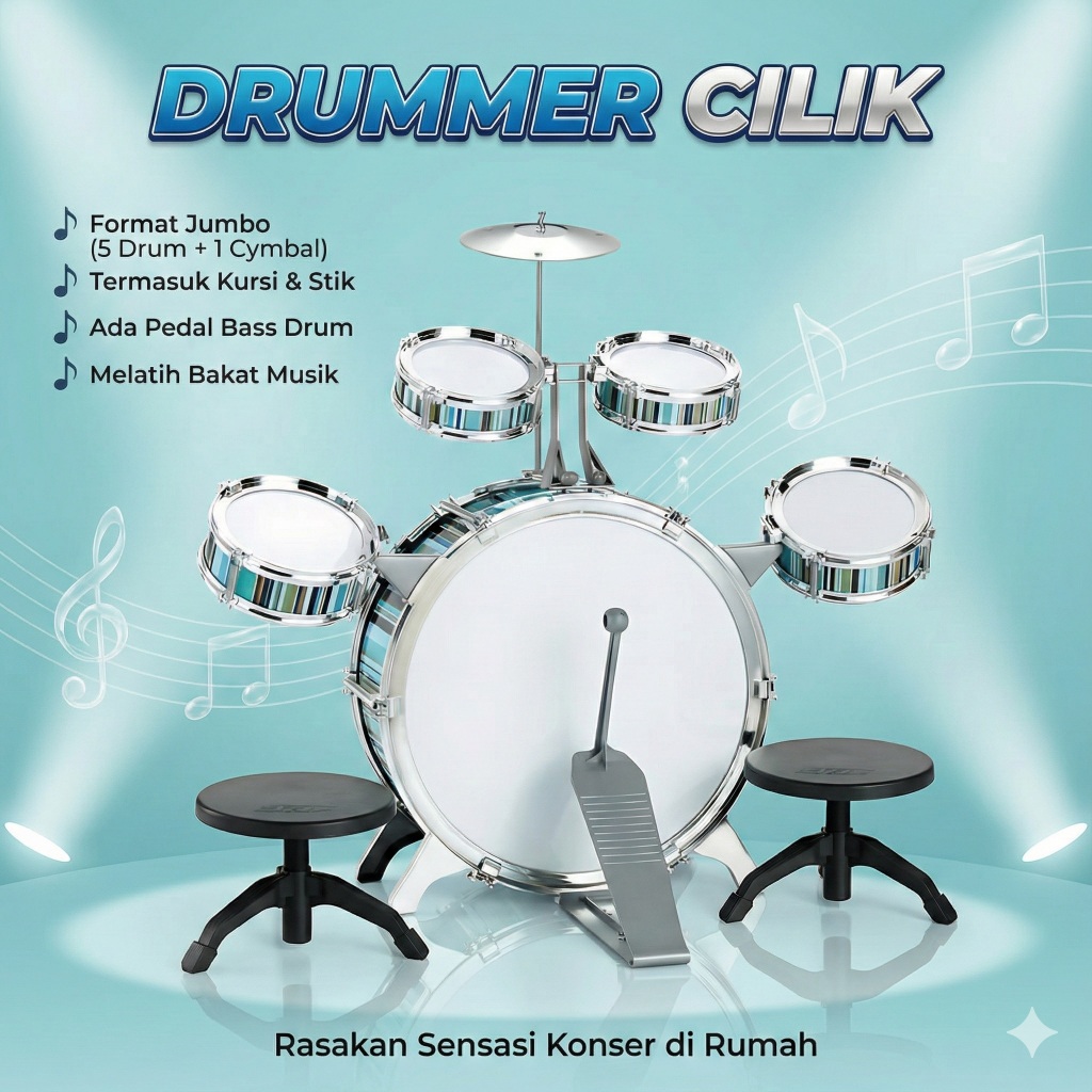 [KST] Mainan Set Musik Drum Jazz Jumbo Alat Edukasi Anak Bass Cymbal Stik Kursi Kado Ulang Tahun