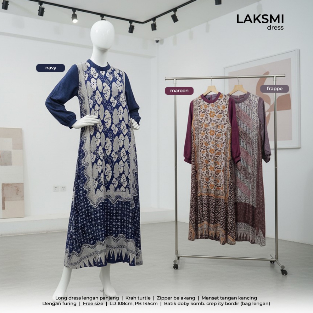 Sallaco Dress LAKSMI / Gamis Maxi Abaya Muslim Batik Doby Kombinasi Crepe Ity Bordir / Woman Fashion