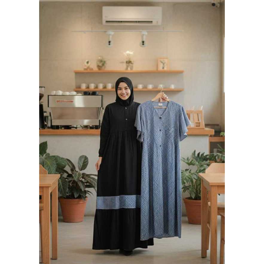 GAMIS RAYON TWILL SET OUTER KOTAK KOTAK SYANA DRESS WANITA MUSLIMAH/GAMIS PLAID SET LEBARAN