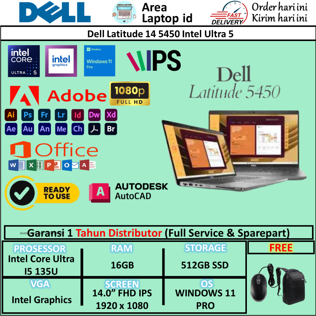 Laptop DELL Latitude 14 5450 Intel Ultra 5 135U RAM 16GB 512GB SSD FHD IPS Win11Pro