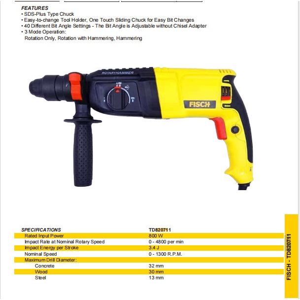 PROMO FISCH TD 820711 SDS ROTARY HAMMER DRILL 32 MM - BOR KOKOH - BOR DRILL DAN MURAH