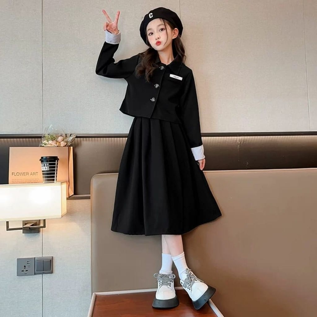 DV-016 SETELAN ROK ANAK PEREMPUAN IMPORT USIA 6-12 TAHUN SETELAN BAJU ATASAN CARDIGAN LENGAN PANJANG