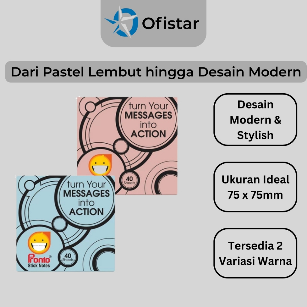 Ofistar - Pronto Stick Notes Pastel 75x75 mm / Warna Pastel Soft Biru Dan Pink