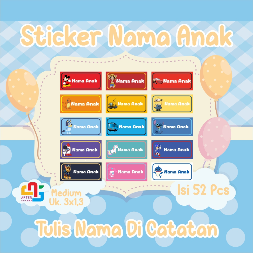Sticker Nama Anak Custom Waterproof 52pcs | Sticker Nama Tumbler | Sticker Nama Anak Bento