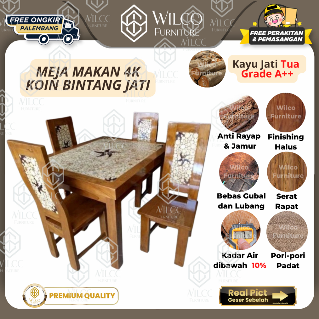 Meja Makan Koin Bintang Jati | Meja Makan 4 kursi 6 kursi Koin Bintang Jati