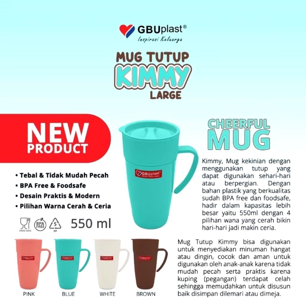 GBU Plast Cangkir Plastik Kimmy Tutup 550 ml / Mug Gelas Jumbo BPA Free