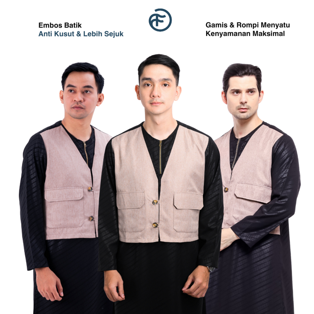 FOBDG Gamis Rompi Pria Lengan Panjang Motif Embos Bungur