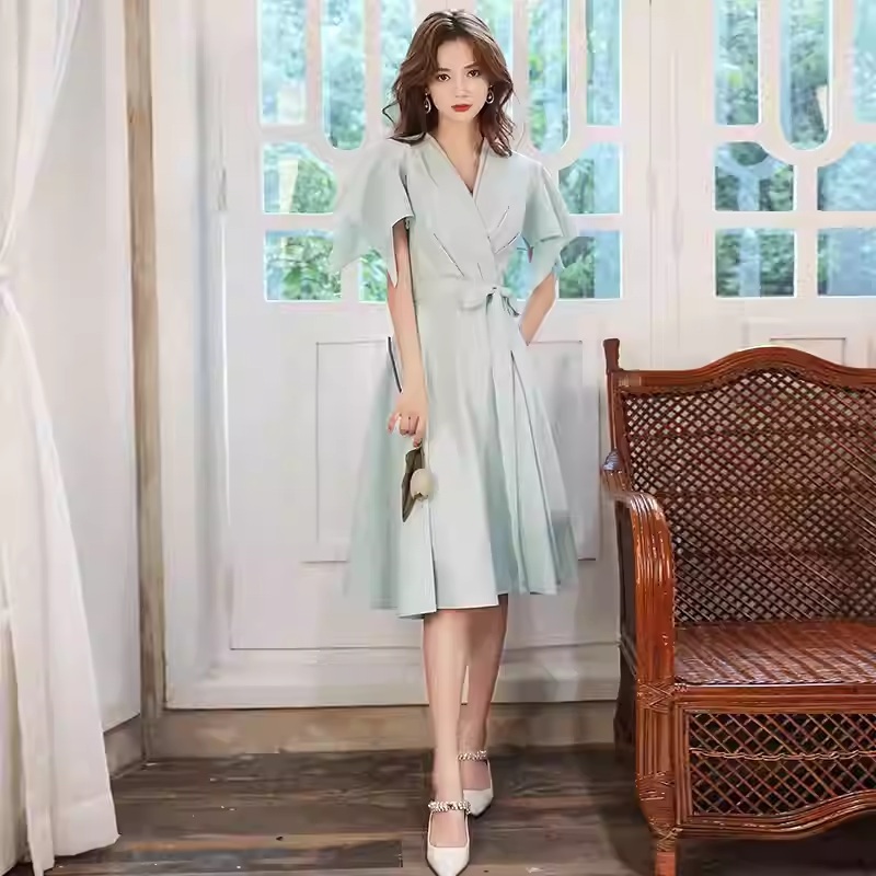 Gaun Pesta 2512005 Hijau Sage V Neck Lengan Siku Party Dress