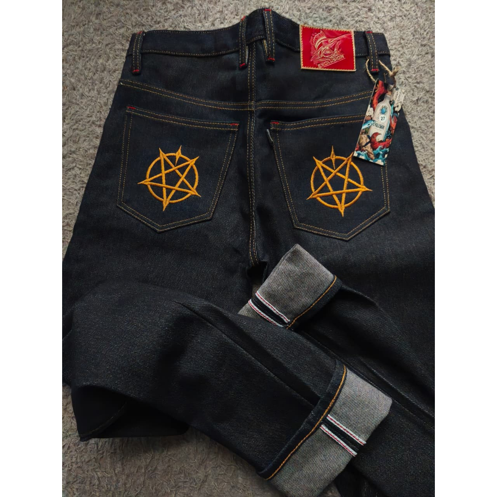 EVOLUSION VARKOS Celana Selvedge Denim Pria Raw Denim 15oz Premium Bordir Eksklusif