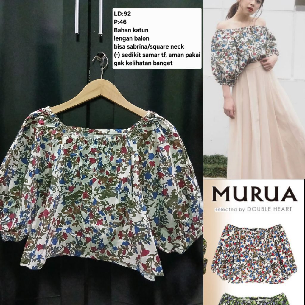 (COD)Atasan blouse crop top leher sabrina/square neck lengan balon warna putih motif bunga-bunga