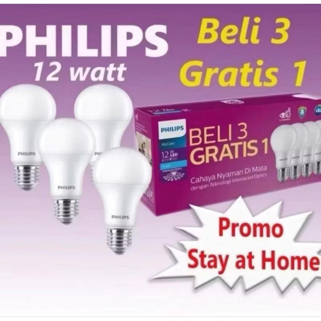 Beli 3 gratis 1 Lampu LED Philip Paket 12Watt Multipack Lampu led rumah Led Putih Bulb 6500K