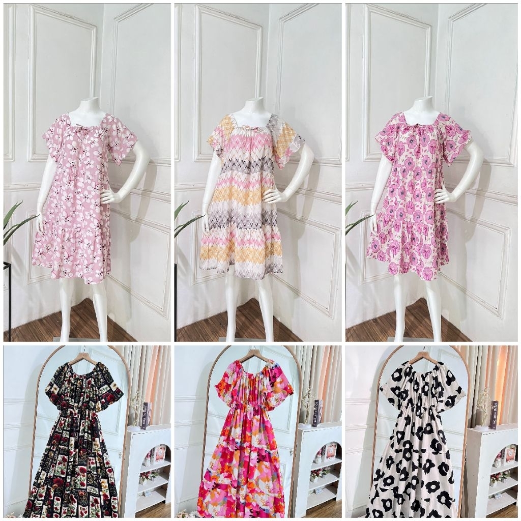 DASTER RAYON PREMIUM MOTIF BUNGA BUSUI FRIENDLY KERUT LENGAN PENDEK PANJANG 125 CM LD 120 CM