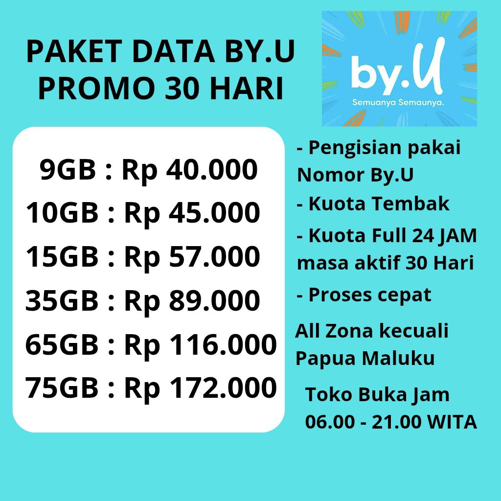 PAKET DATA BY.U MURAH BYU 30 HARI | 9GB 10GB 15GB 35GB 65GB 75GB