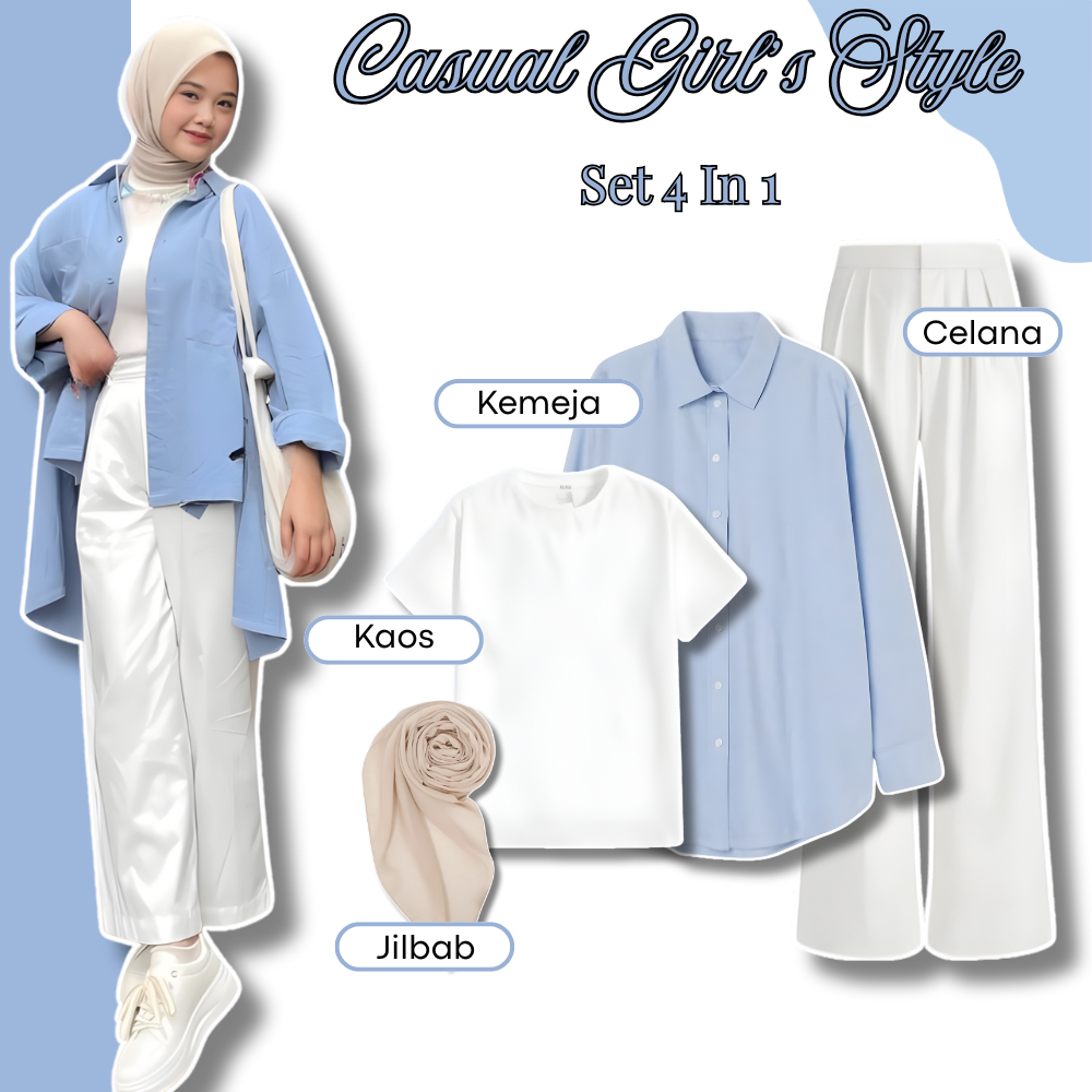 Set Outfit Pantai OOTD Wanita 3 In 1 Kekinian Setelan Simpel (Jilbab + Kaos + Kemeja + Kulot ) GG006