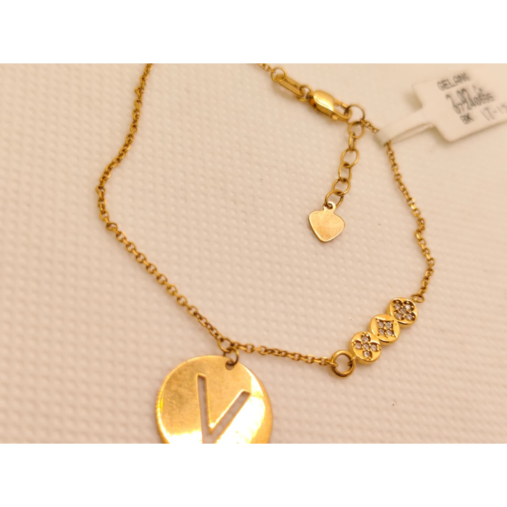 Gelang Emas 8K Inisial Huruf V – Rantai Halus + Zircon Elegant