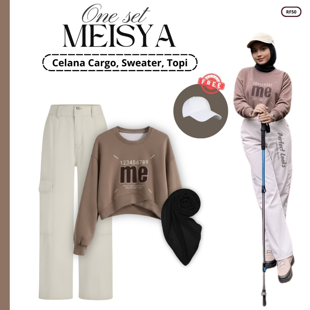Setelan Mendaki Hiking Hijab | Celana Cargo, Sweater, Topi, Hijab | One Set Olahraga Wanita Hijab RF