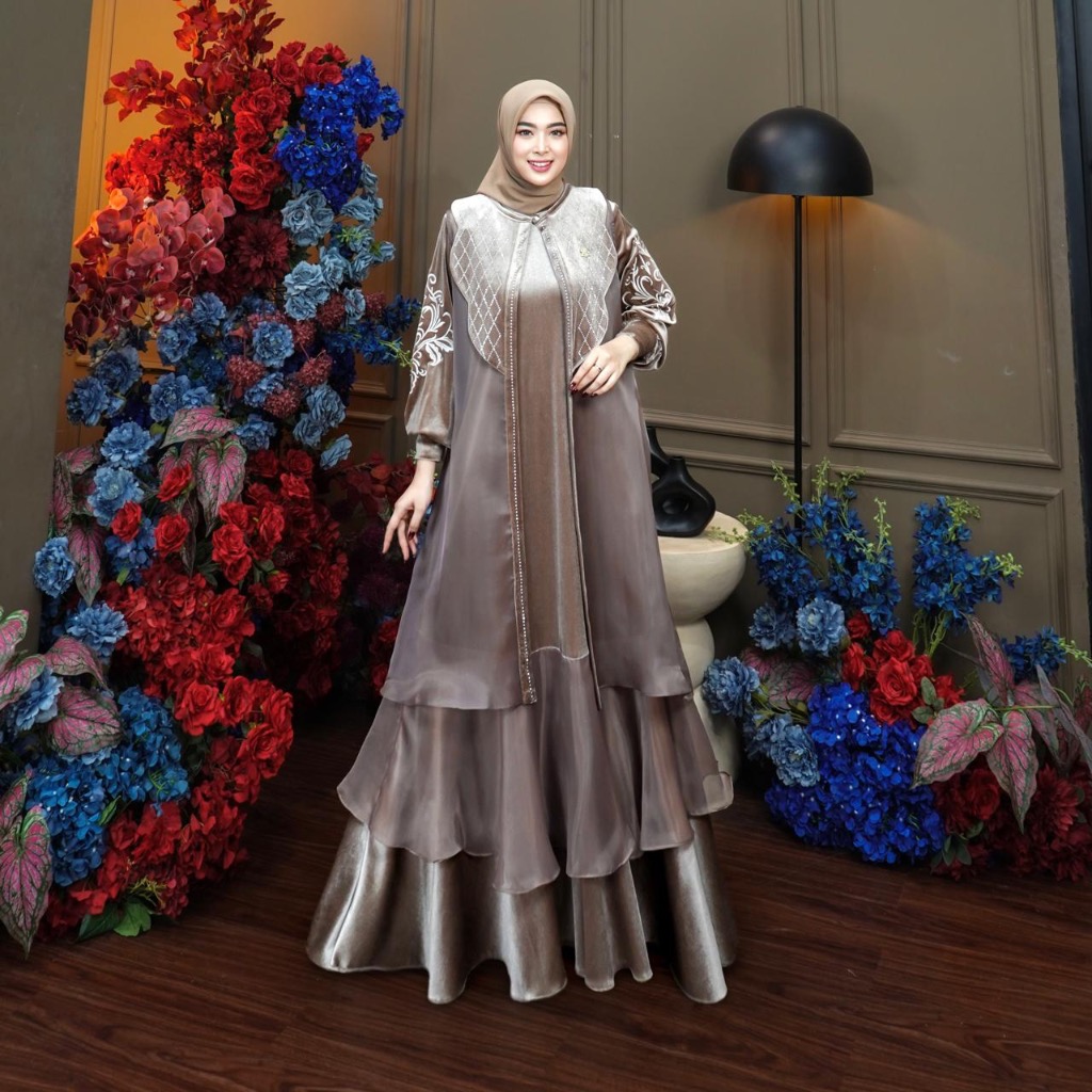 Dumma.id - One Set Pakaian Wanita Veronika Set Outer Lady Velver Bludru + Organza Mix Aksen Swaroski