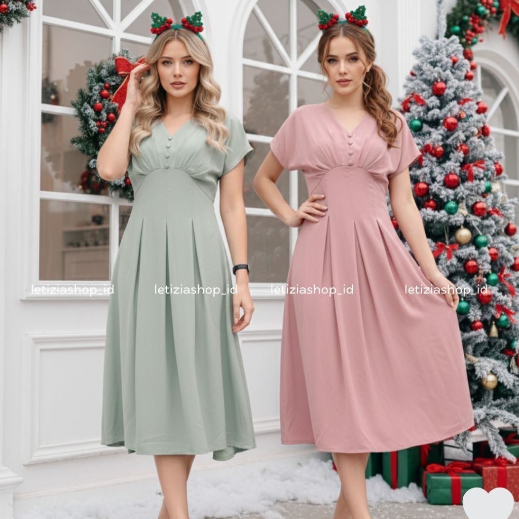 LETIZIA - YENJIN DRESS NATAL MIDI FLARE BUTTON WARNA PASTEL SIMPLE ELEGANT PREMIUM