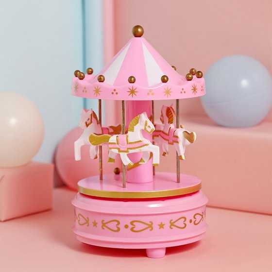 Kotak Musik Komedi Putar Carousel Kuda Pink – Carousel Merry Go Round Music Box Putar Hiasan Dekor A
