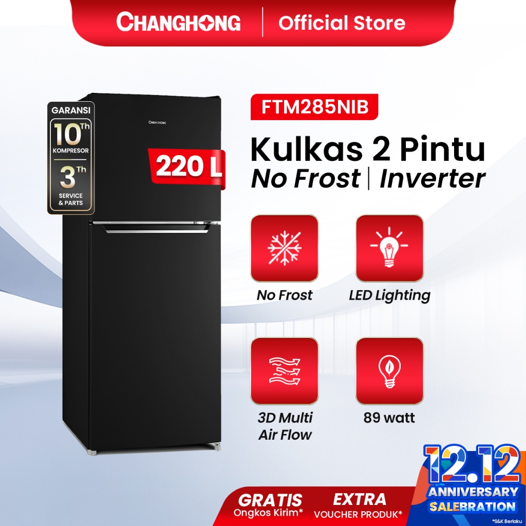 [SMART INVERTER] Changhong Kulkas 2 Pintu  (Refrigerator) kulkas Inverter No Frost tanpa Bunga Es Le