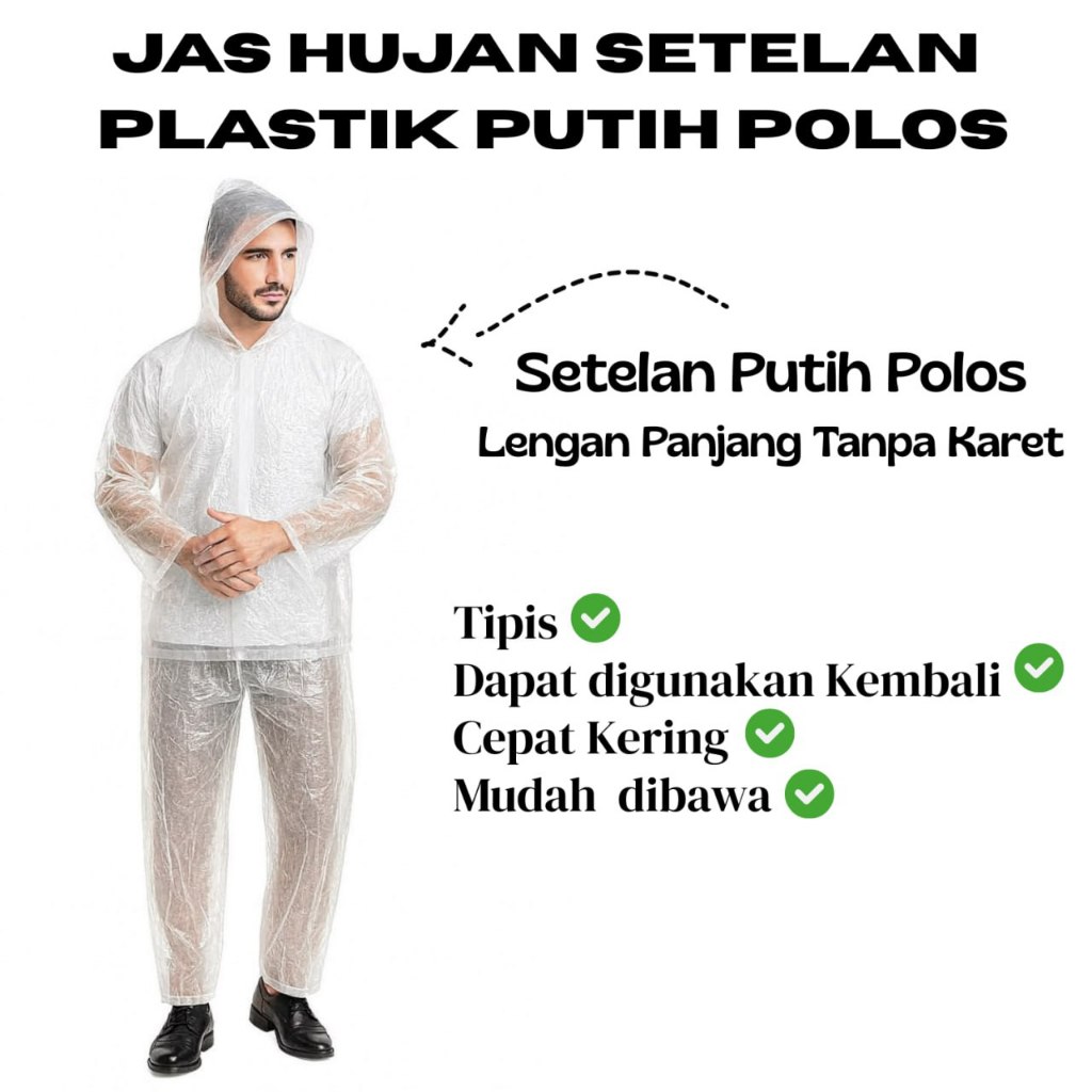 Jas Hujan Setelan Jaket Celana Putih Lengan Panjang / Mantol Plastik Ekonomis