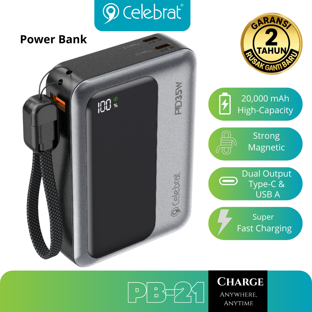 Celebrat Power Bank Fast Charging 35W+22.5W 20000 mAh Dual Output USB & Type-C With Lanyard Portable