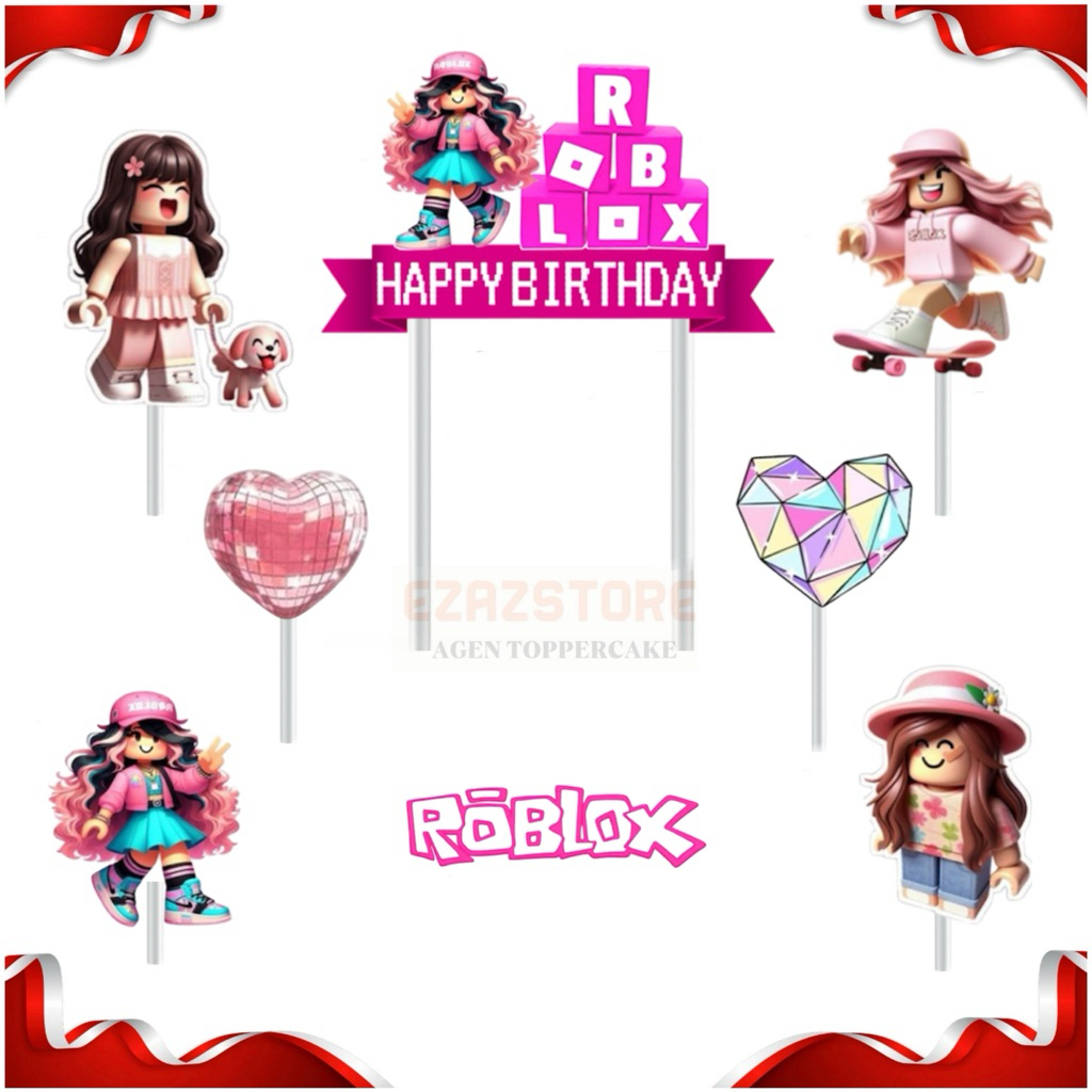 Roblox girl, topper cake karakter roblox girl. topper kertas hiasan kue tema roblox cewek