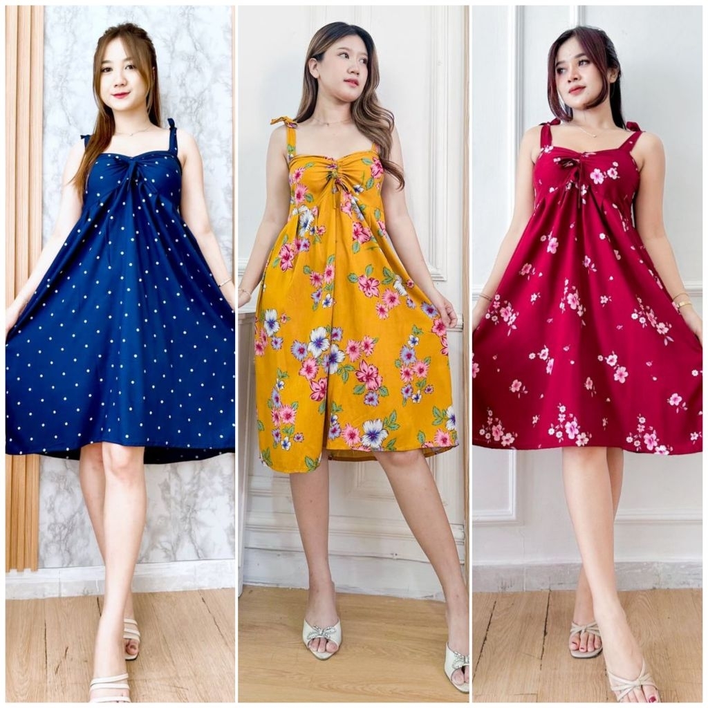 LDS - Daster Cathrine Mini Dress Cute Sexy Tali Serut Rayon Motif Cantik (Busui Friendly)
